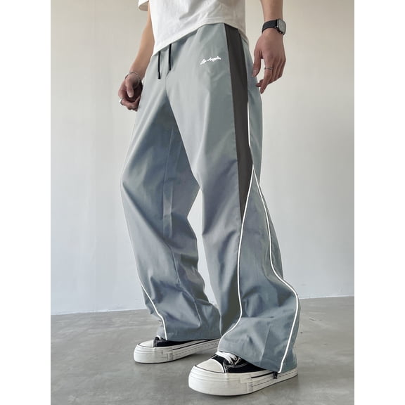 Men's Wide‑Leg Parachute Pants, Fashion Side Stripe Open Hem Sweatpants, Elastic Drawstring Waist Loose Athletic Cargo Pants with Pockets Light Gray XS