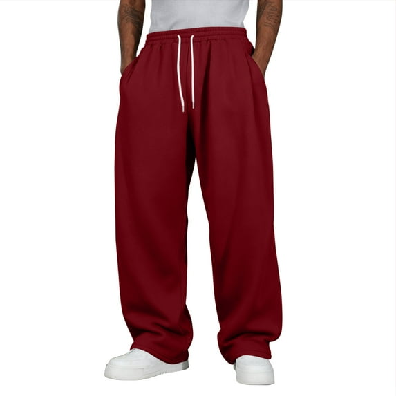 Men's Wide Leg Sweatpants Baggy Casual Drawstring Waist Joggers Lounge Sweat Pants with Pockets Red L