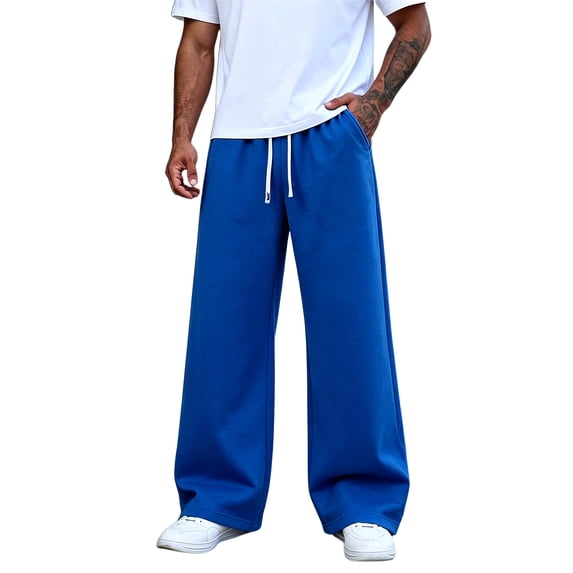 Men's Wide Leg Sweatpants Drawstring Elastic Waist Baggy Casual Loose Straight Leg Solid Color Lounge Pants with Pockets