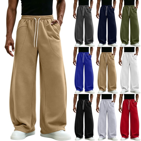 Men's Wide Leg Sweatpants,Drawstring Elastic Waist Loose Fit Pants with Pockets for Daily Wear