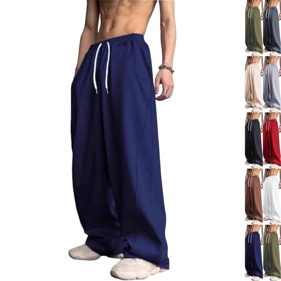 Men's Wide Leg Sweatpants Elastic Drawstring Waist Baggy Relaxed Fit Soft Daily Gym Lounge Pants with Deep Pockets Dark Blue 3XL