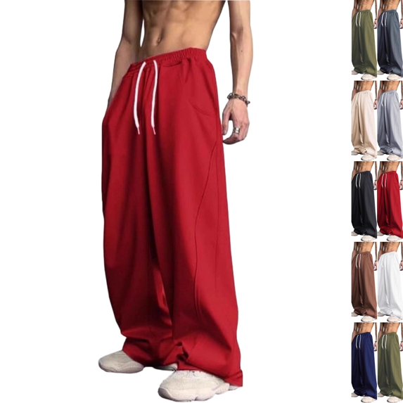 Men's Wide Leg Sweatpants Elastic Drawstring Waist Baggy Relaxed Fit Soft Daily Gym Lounge Pants with Deep Pockets Red 2XL