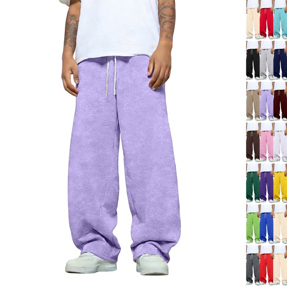 Men's Wide Leg Sweatpants Elastic Drawstring Waist Baggy Relaxed Fit Soft Lounge Pants with Deep Pockets Light Purple S