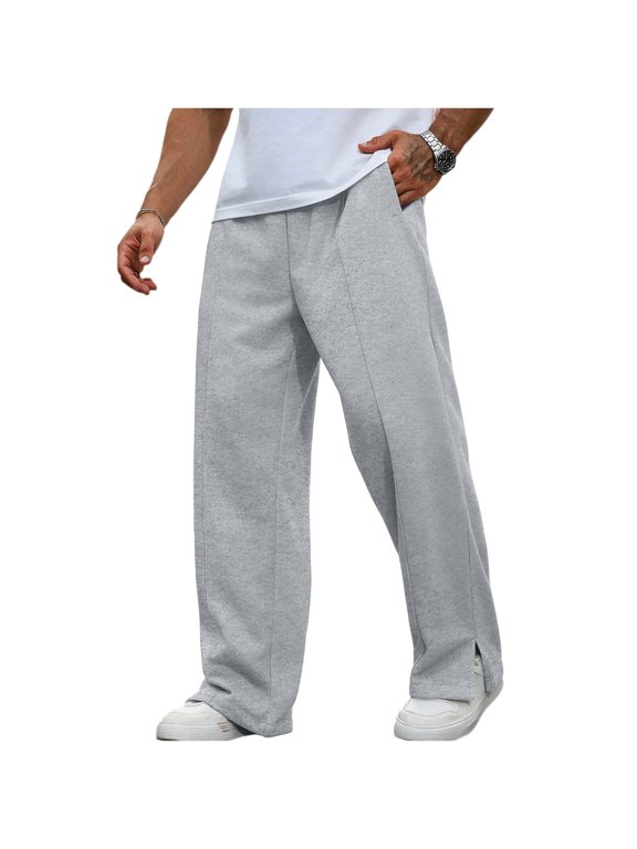 Men's Wide Leg Trousers Loose Straight Cut Split Hem Side Pockets Lightweight Full Length Casual Relaxed Pants, 3XL