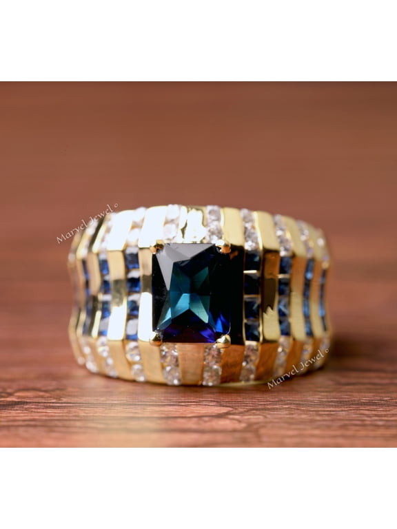 Men's Wide Shank Dome Diamond Ring, Radiant Cut Blue Sapphire Diamond Ring, Channel Set Solitaire With Accents Diamond Ring, 14K Yellow Gold Plated, 2.2 Ct Simulated Sapphire