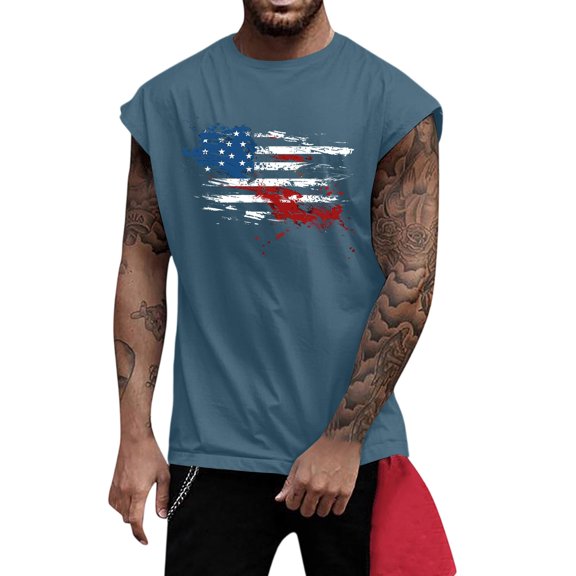 Men's Wide Shoulder Fitness Vest - Patriotic Printed Slimming Waistcoat for Gym & Exercise - Lightweight, Breathable Fabric for Summer Workouts,Dark Blue M
