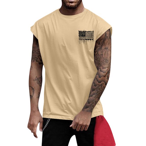 Men's Wide Shoulder Vest - Patriotic Printed Slimming Fitness Waistcoat - Quick-Dry Fabric for Gym Workouts, Jogging, or Patriotic Events,Khaki M