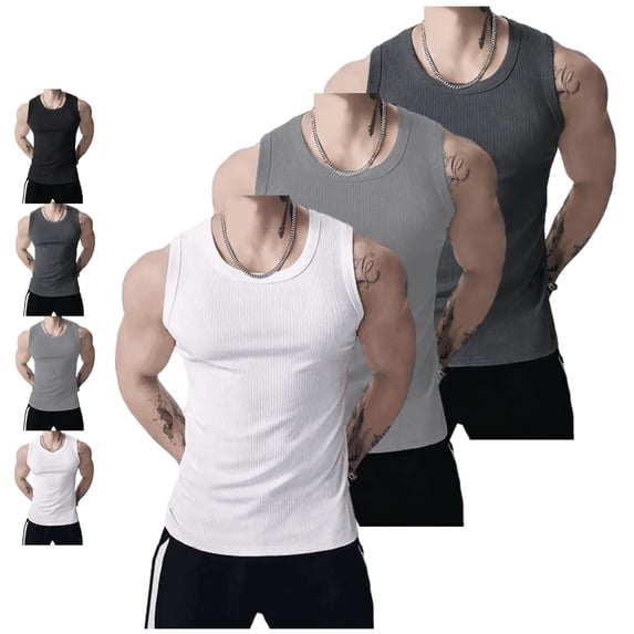 Men's Wide Strap Ribbed Tank Top, Fitness Muscle Gym Ribbed Workout Sleeveless Bodybuilding Shirts