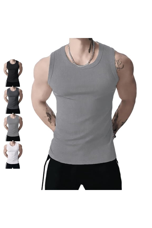 Men's Wide Strap Ribbed Tank Top, Fitness Muscle Gym Ribbed Workout Sleeveless Bodybuilding Shirts