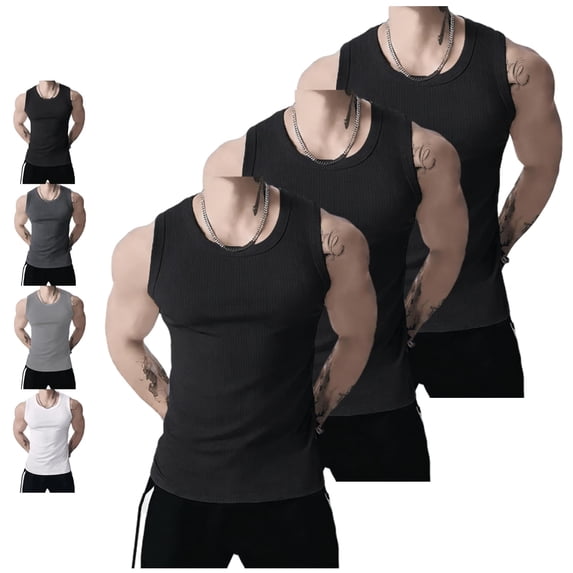 Men's Wide Strap Ribbed Tank Top, Fitness Muscle Gym Ribbed Workout Sleeveless Bodybuilding Shirts