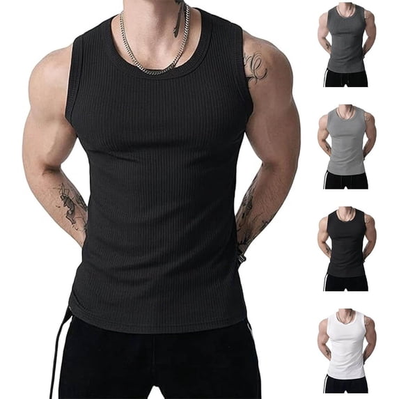 Men's Wide Strap Ribbed Tank Top – High Stretch Breathable Sleeveless ...