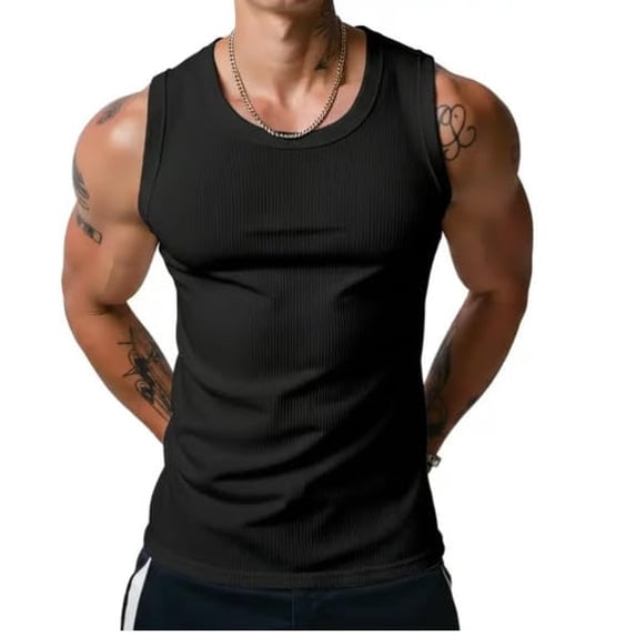 Men's Wide Strap Ribbed Tank Top,Round-Neck Sleeveless Men's Tank Top (Black,Large)