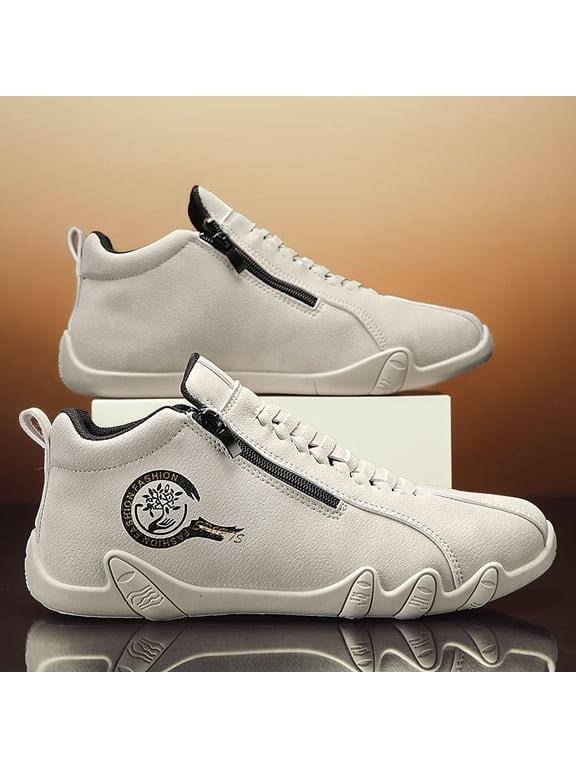 Men's Wide Width Mid Top Casual Sneakers Side Zipper Lace Up Walking Shoes Non Slip Comfort Outdoor Daily Athletic Shoes