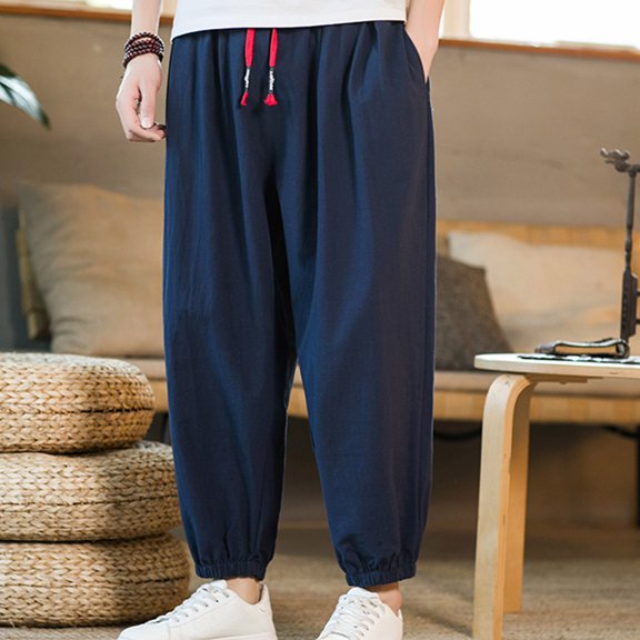 Men's Wild Cargo Pants Men's Linen Harem Drawstring Pants Japanese Casual Elastic Waist Baggy Trouser Hippie Yoga Pants Joggers Sweat Lounge Harem Pants Trousers Drop Crotch Sweatpants Trousers