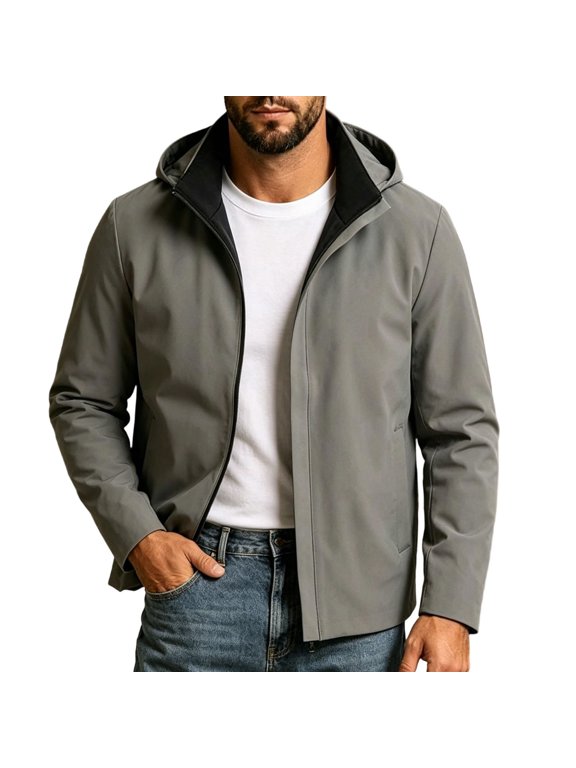 Men's Wind Resistant Soft Shell Jacket, Hood Zip Front Casual Coat Lightweight Outerwear Gray M(M)