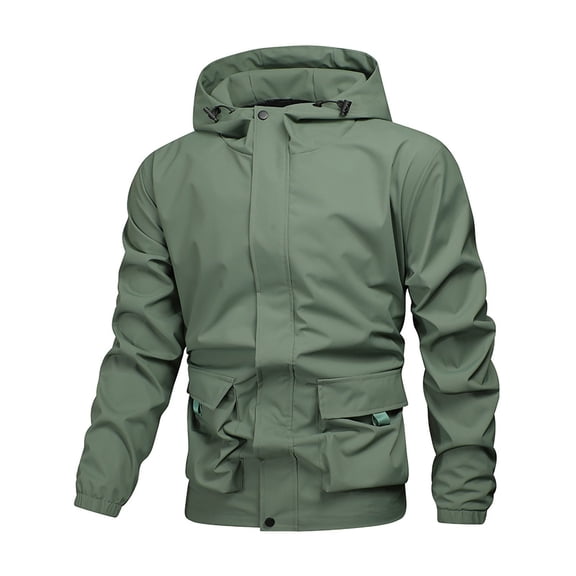Men's Windbreaker Hooded Jacket Cuffed Long Sleeve Solid Zip Up Cardigan Lounge Coat with Pockets for Outdoor Green M