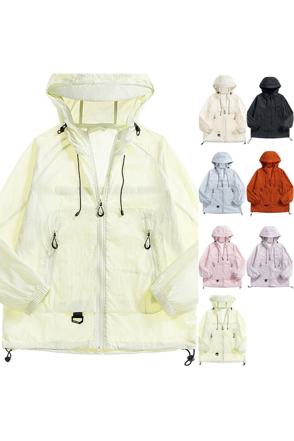 Men's Windbreaker Hooded Jacket Sun Protection Shell Casual Windproof Active Athletic Coat with Zip Pockets Adjustable Hem for Travel Golf, Yellow, S