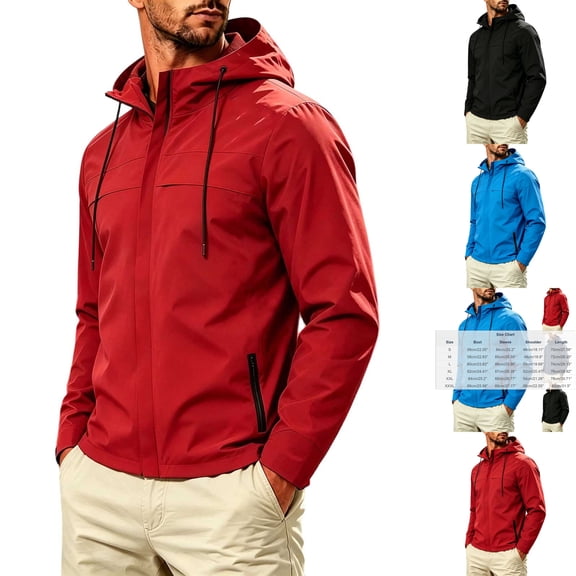 Men's Windbreaker Hooded Raincoat Windproof Shell Jacket Outdoor Athletic Coat Activewear for Hiking Travel Running Golf with Zip Pockets, Red, L