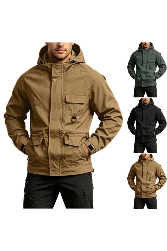 Men's Windbreaker Hooded Tactical Zip Up Active Athletic Jacket Shell for Travel Outdoor Workwear Multi Pockets, Coffee, XXL