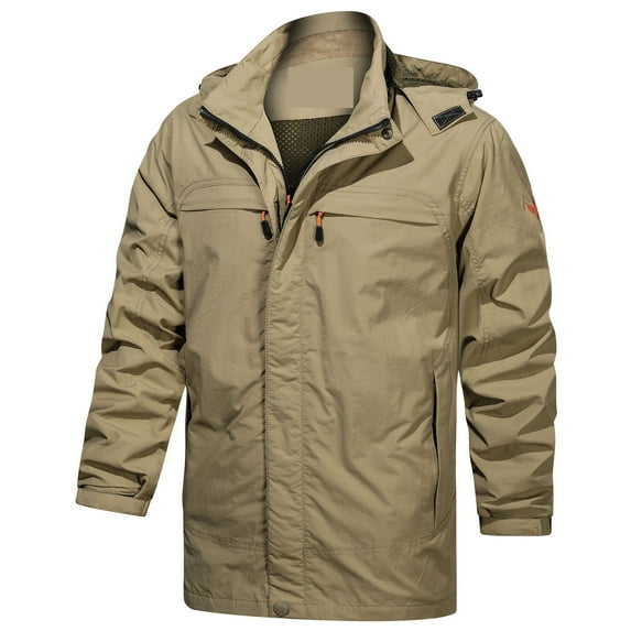Men's Windbreaker Jacket And Winter Plus Velvet Solid Color Zipper Pocket Warm Jackets Khaki 3XL Zip Front Windbreaker Jacket