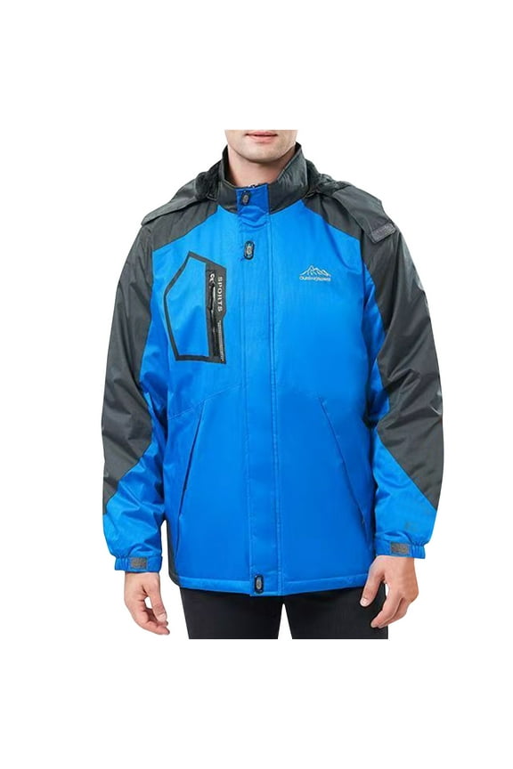 Men's Windbreaker Jacket Color Blocked Fleece Pocket Detachable Zipper Outdoor Jacket Blue XL Windbreakers for Men