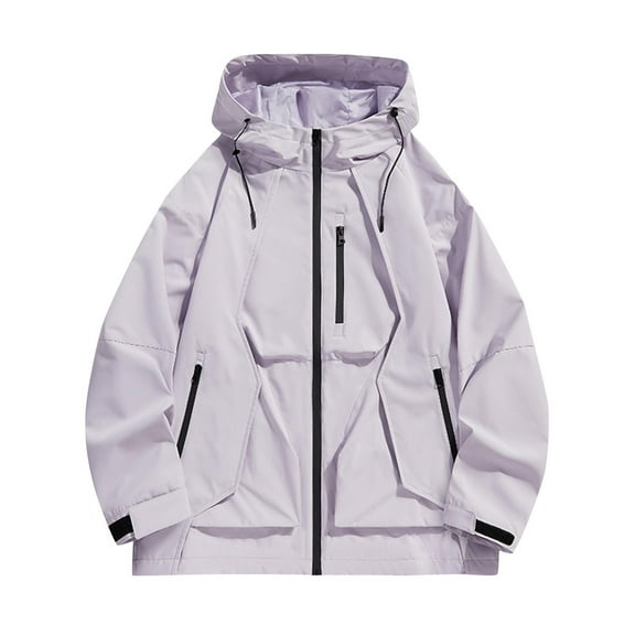 Men's Windbreaker Jacket Fashion Casual Solid Color Pockets Zipper Jacket Long Sleeve Hooded Casual Outwear Coat Gray XL Windbreakers for Men