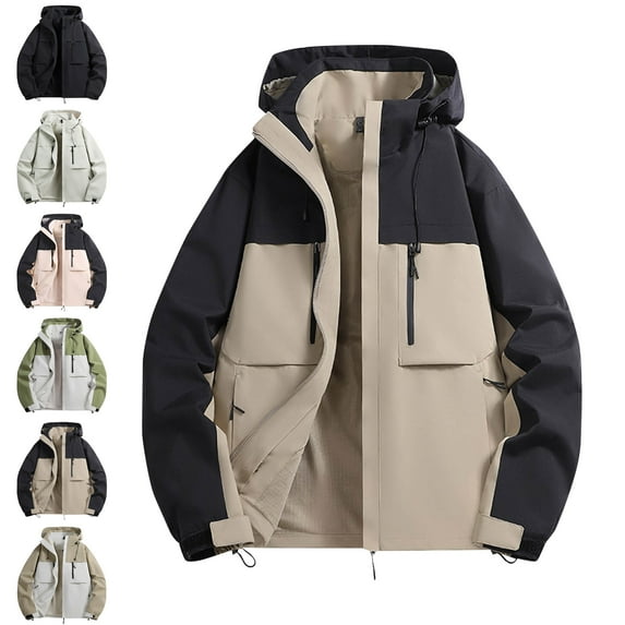 Men's Windbreaker Jacket Fashion Casual Solid Color Pockets Zipper Jacket Long Sleeve Hooded Casual Outwear Coat Khaki L Windbreakers for Men
