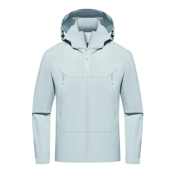 Men's Windbreaker Jacket Fashion Casual Solid Color Pockets Zipper Jacket Long Sleeve Hooded Casual Outwear Coat Light Blue 5XL Windbreakers for Men