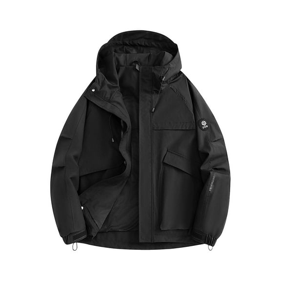 Men's Windbreaker Jacket Hooded Full-Zip Multi Pocket Drawstring Hoodie Solid Color Casual Long Sleeve Jacket