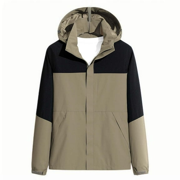 Men's Windbreaker Jacket Man Color Match Water Resistance Drawstring Pockets Hooded Outdoor Jacket Coat Khaki L Zip Front Windbreaker Jacket