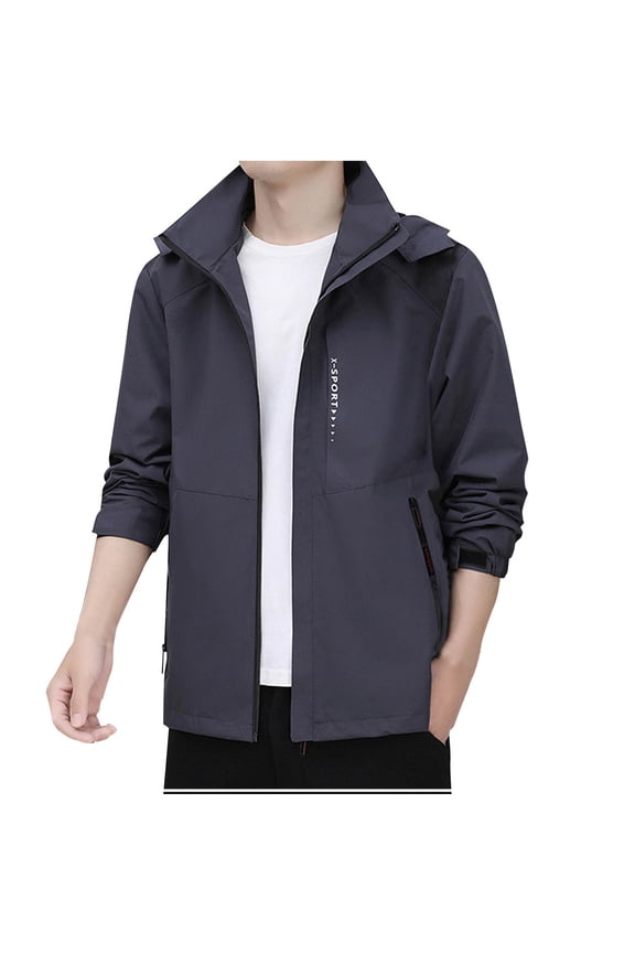 Men's Windbreaker Jacket Man Solid Color Mountaineering Easy Fashion Leisure Hooded Interchange Jacket Loose Coat Dark Gray 2XL Windbreakers for Men