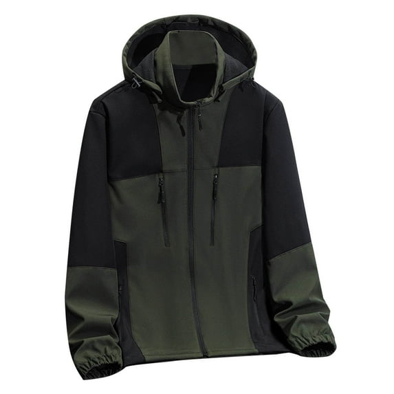 Men's Windbreaker Jacket Man Solid-Color Outdoor Fleece Waterproof Splicing Soft Zipper Pocket Long Sleeve Hooded Detachable Mountaineering Jacket Zip Front Windbreaker Jacket Army Green XL