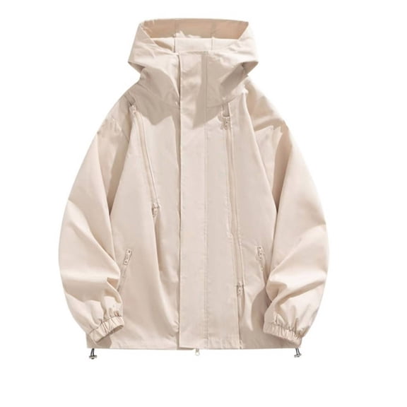 Men's Windbreaker Jacket ManSolid Color Water Resistance Drawstring Pockets Hooded Outdoor Jacket Coat Beige L Windbreakers for Men