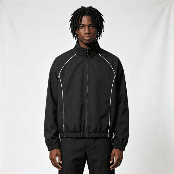 Men's Windbreaker Jacket, Stand Collar Full Zip Lightweight Casual Sports Jacket with White Piping, Elastic Cuff & Hem, Black Outerwear for Daily Outdoor Wear