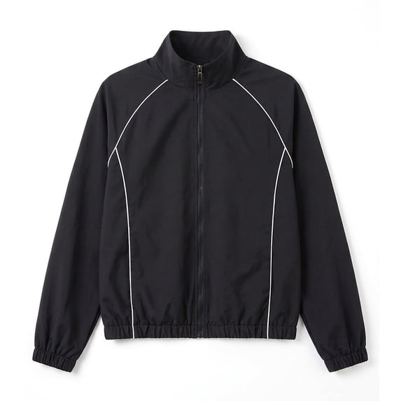 Men's Windbreaker Jacket, Stand Collar Full Zip Lightweight Casual Sports Jacket with White Piping, Elastic Cuff & Hem, Black Outerwear for Daily Outdoor Wear