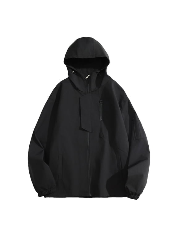 Men's Windbreaker Jacket Suit Hooded Coat Youth Outdoor Sports Wear Long Windbreaker Middle-aged Business Casual Jacket Black 2XL Windbreakers for Men