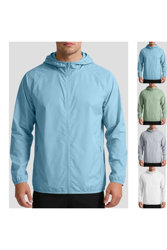 Men's Windbreaker Jacket Sun Protection Lightweight Windproof Hooded Full Zip with Zip Pockets for Hiking Travel Running, Blue, 3XL