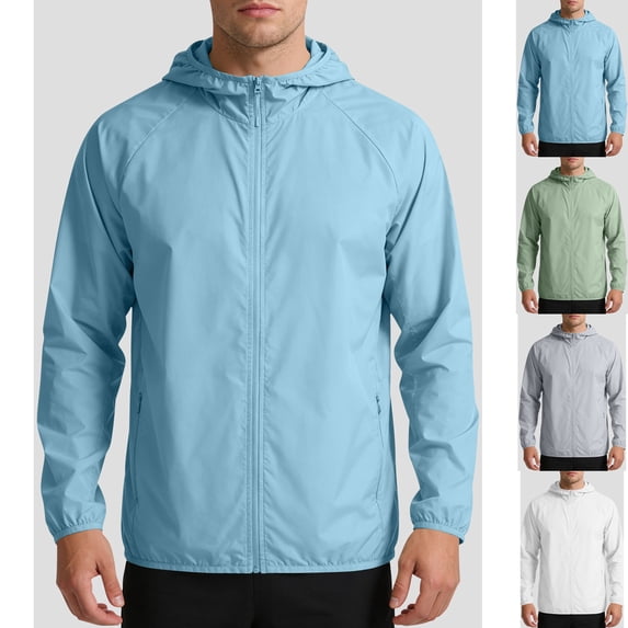 Men's Windbreaker Jacket Sun Protection Lightweight Windproof Hooded Full Zip with Zip Pockets for Hiking Travel Running, Blue, L