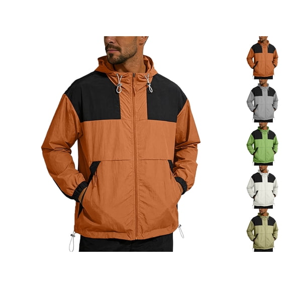 Men's Windbreakers Windbreaker Front-Zip Jacket Thin-dry Ventilate Color Contrast Splice Outdoor Jacket Coat Loose Sun-proof Clothing Long Sleeved Hooded Zipper Cardigan Sunscreen Jacket