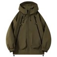 thumbnail image 1 of Men's Windbreaker Jacket Unisex Long Sleeves Hooded Patchwork Zipper Outdoor Workwear Trench Coat Zip Front Windbreaker Jacket Khaki L, 1 of 5