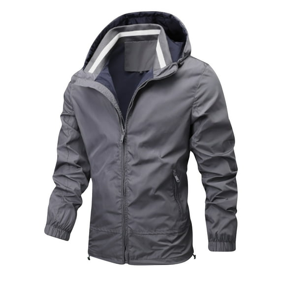 Men's Windbreaker Jacket Windproof Outdoor Breathable Hardshell Long Sleeved Hooded Casual Solid Coat Jacket Gray 2XL Windbreakers for Men