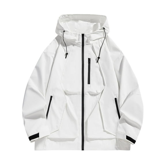 Men's Windbreaker Jacket Zip Front Windbreaker Jacket Fashion Casual Solid Color Pockets Zipper Jacket Long Sleeve Hooded Casual Outwear Coat White M