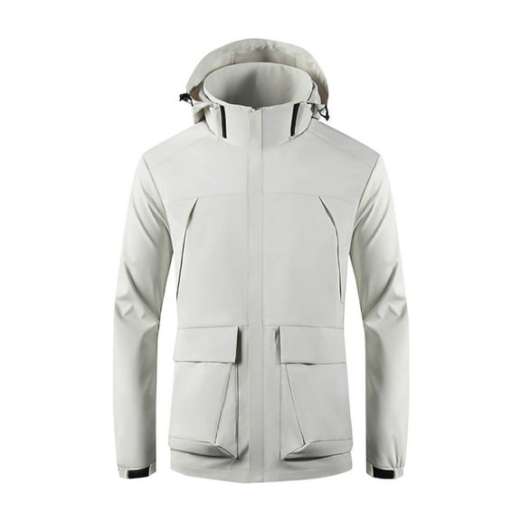 Men's Windbreaker Jacket Zip Front Windbreaker Jacket Fashion Solid Color Windproof Warm Jacket Long Sleeve Hooded Casual Outwear Coat White 3XL