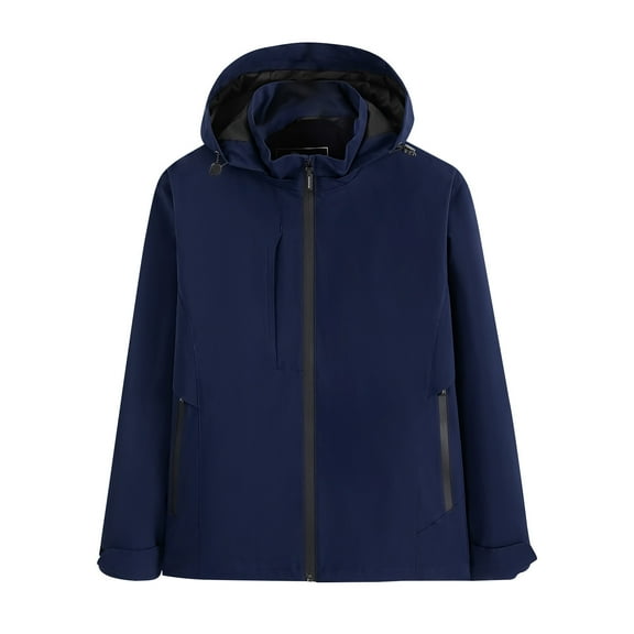 Men's Windbreaker Jacket Zip Front Windbreaker Jacket Unisex Hooded Long Sleeve Solid Zipper Outdoor Detachable Hardshell Coat Navy M