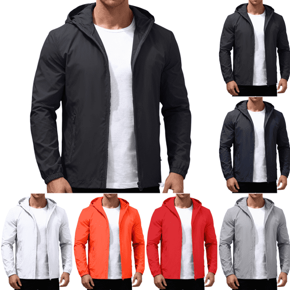 Men's Windbreaker Jackets Casual Trendy Long Sleeve Jacket with Hood Lightweight Outdoor Running Hiking Classic Fit Rain Jacket Black 7XL