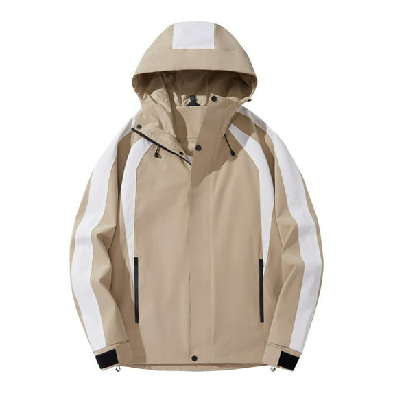 Men's Windbreaker Jackets with Hood Full Zip Colorblock Long Sleeve Windproof Hooded Coat Hiking Outdoors Outerwear (M, Khaki)
