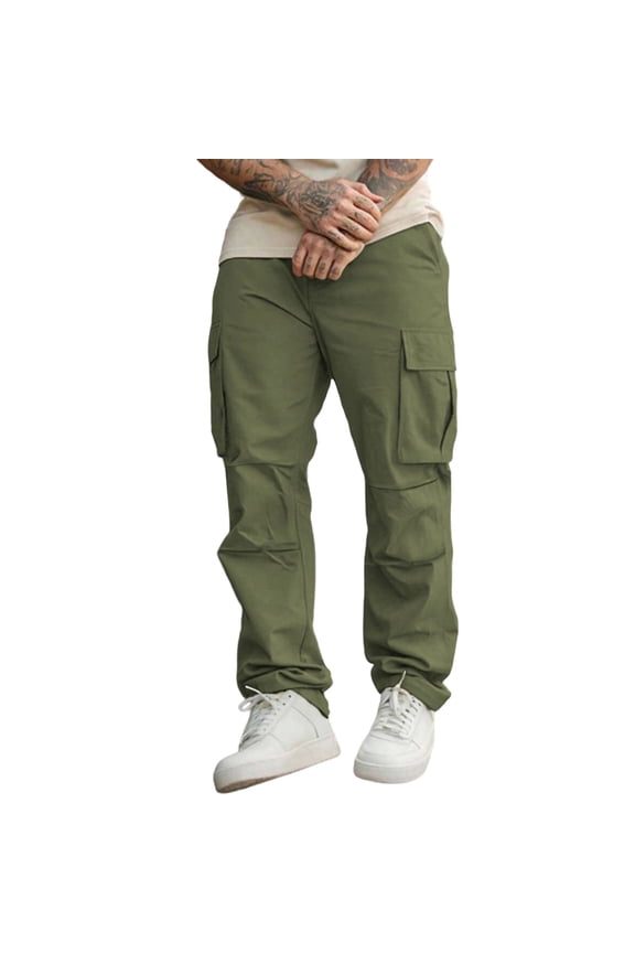 Men's Windbreaker Pants Long Solid Color Pants Hiking Outdoor Trousers Cargo Pants with Multi Pockets Olive Green L