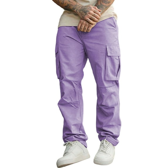 Men's Windbreaker Pants Long Solid Color Pants Hiking Outdoor Trousers Cargo Pants with Multi Pockets Purple L