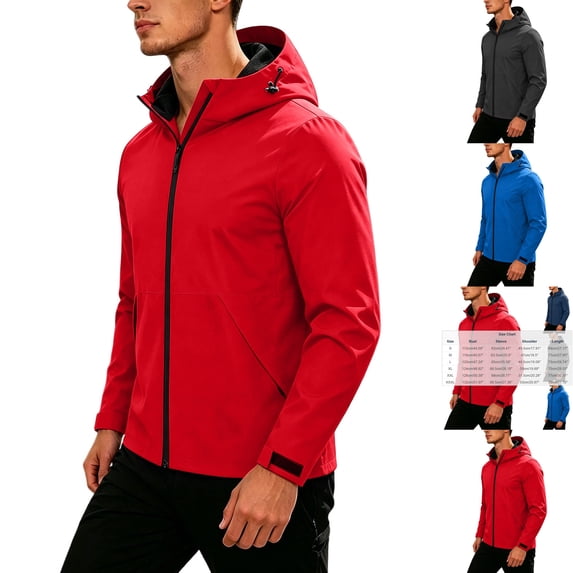 Men's Windbreaker Waterproof Athletic Hooded Travel Shell Jacket Coat for Running Golf Cycling Workout Hiking Outdoor with Zipper Pockets, Red, XL