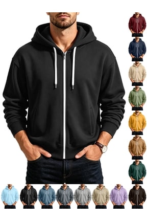 Mens Sweatshirt Zeliretfy Men's Windbreakers Casual Jacket Loose Solid Color Outdoor Long Sleeved Hooded Casual Jacket Windbreaker Front-Zip Jacket